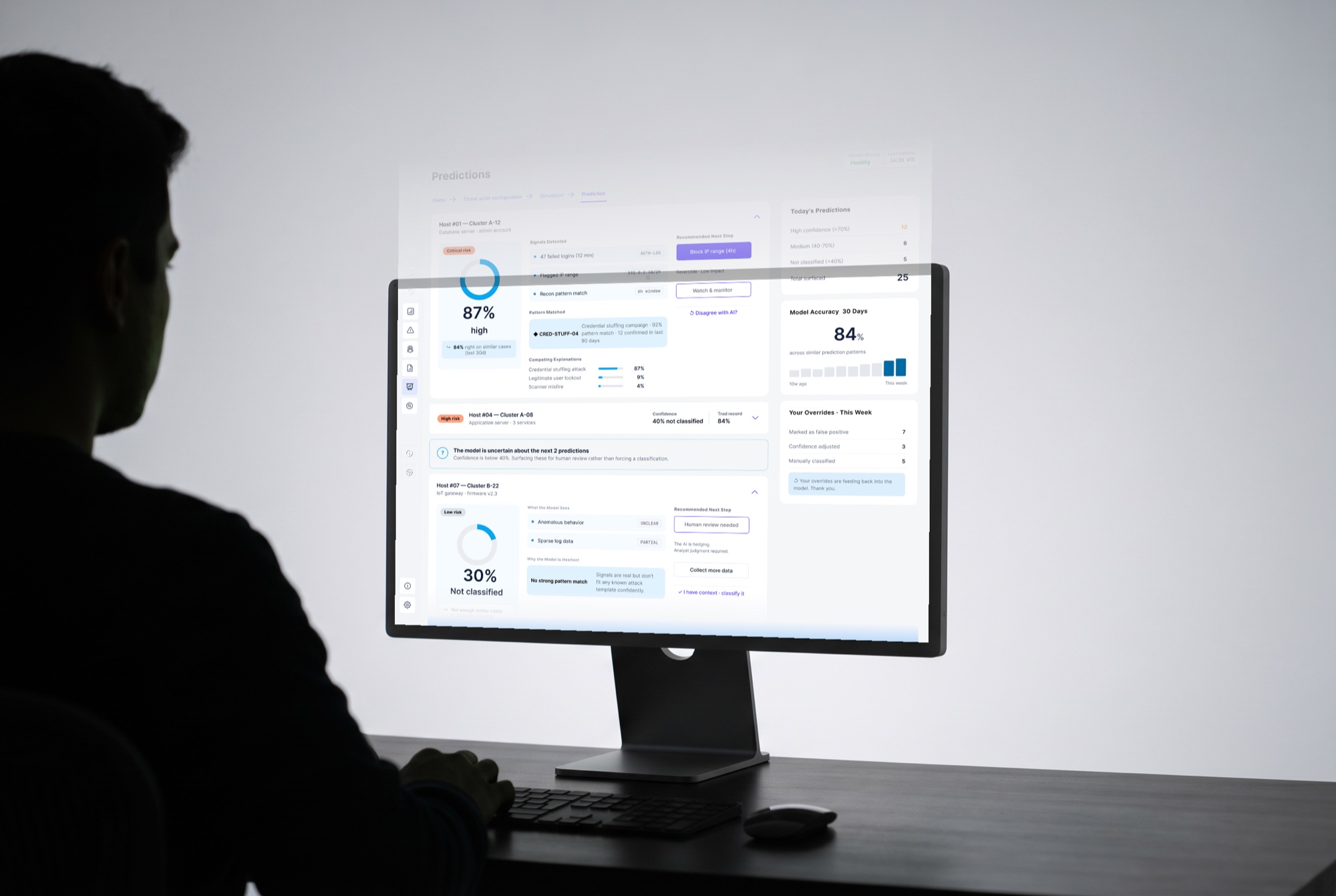 An analyst reviewing the Cosy prediction dashboard on a monitor
