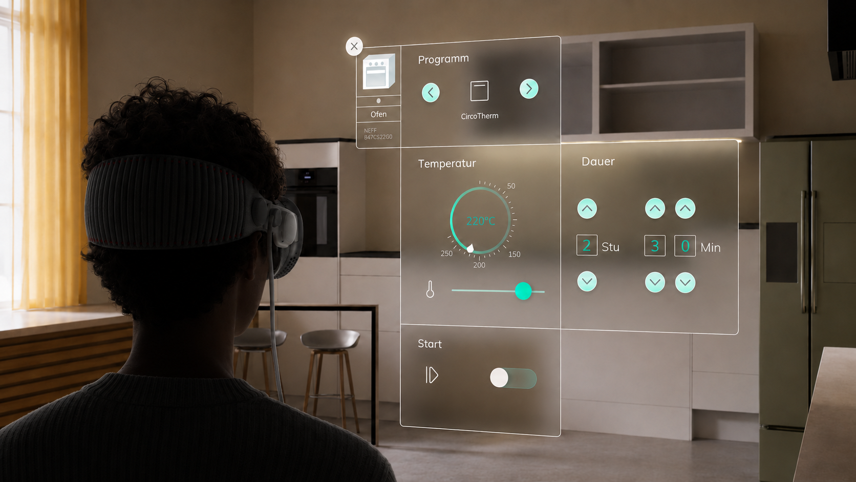 Digital Twin — a person in a VR headset controlling a smart oven through a floating AR interface