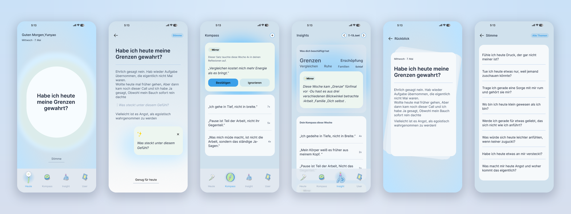 The full set of screens: Today, Reflection, Compass, Insights, the archive, and the question pool