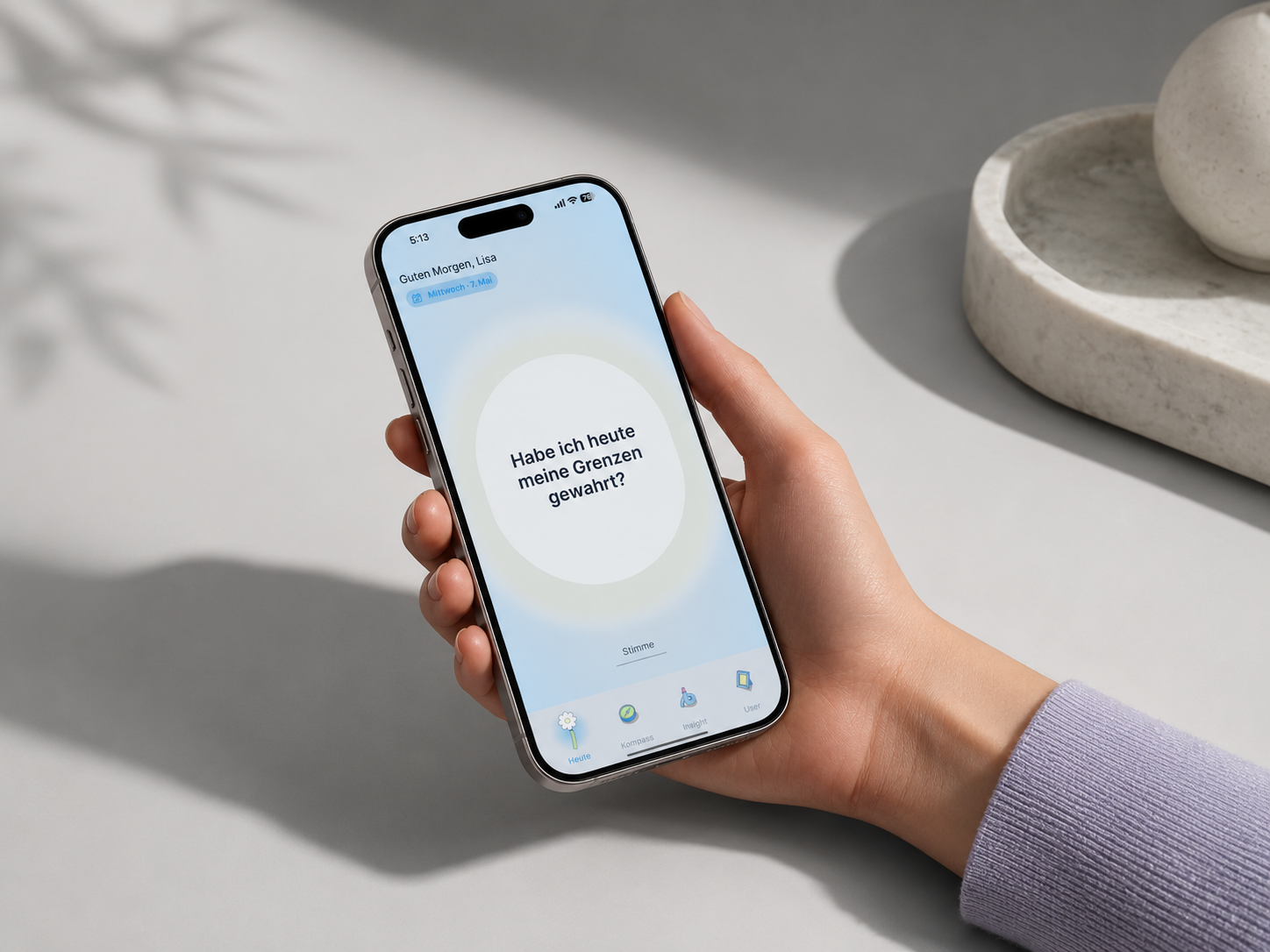 Mirror Mirror in use — a phone in a calm, bright space showing the day's question