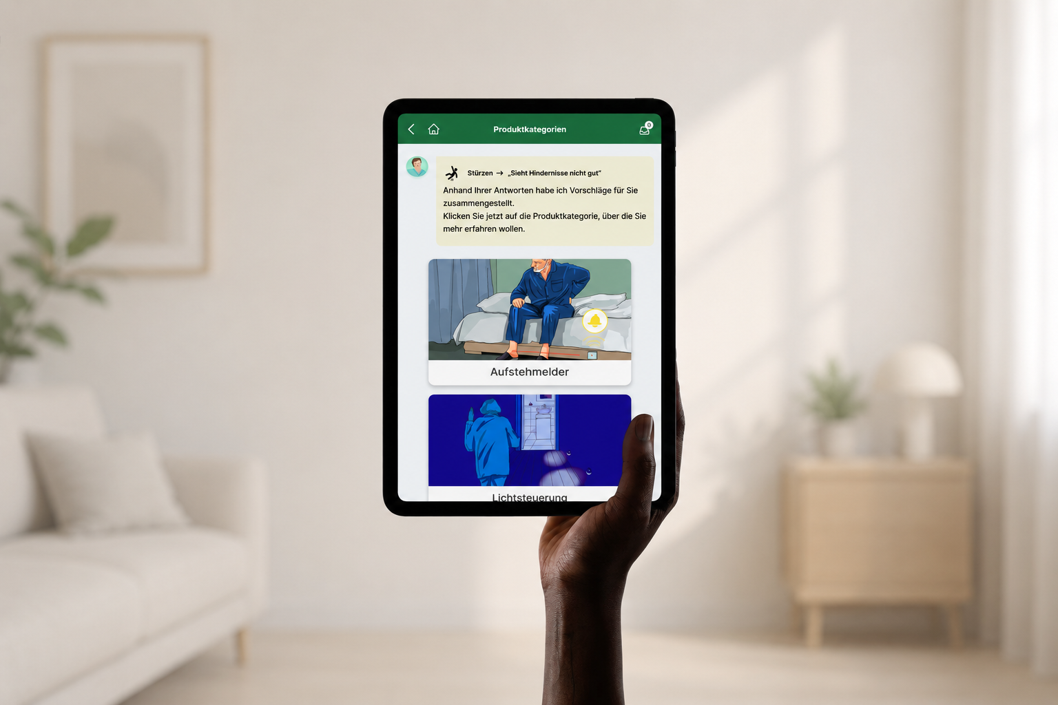 Product categories on a tablet, with plain-language illustrations