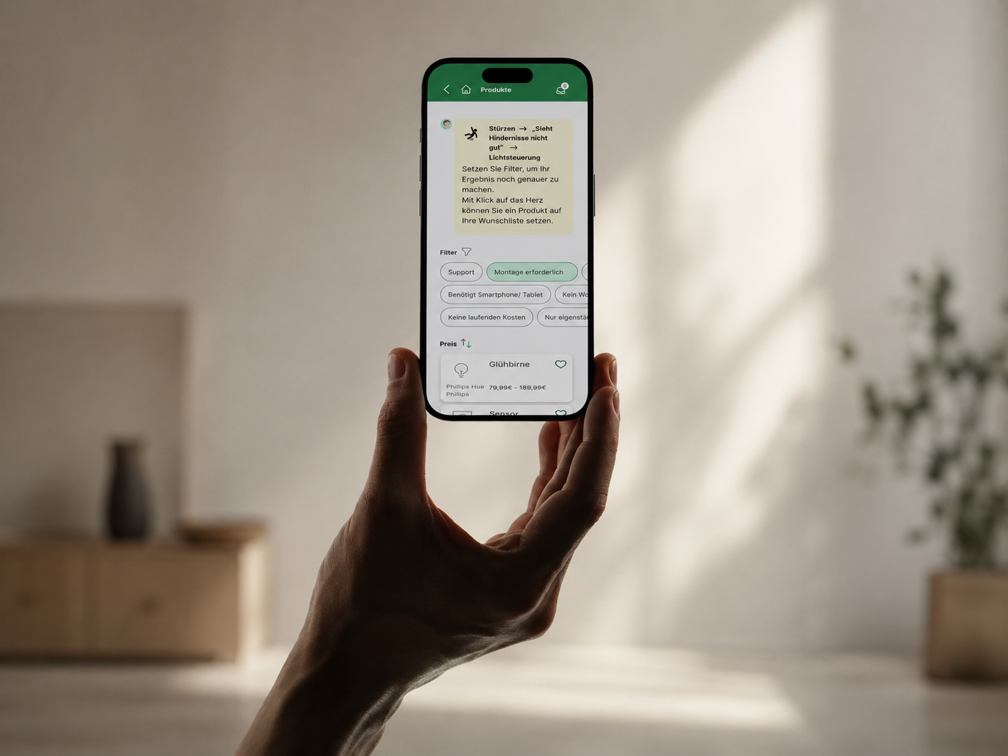 The product list with filters on a phone